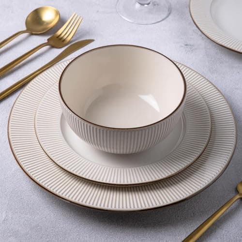 GBHOME 24-Piece Ceramic Dinnerware Set | Elegant Embossed Plates & Bowls | Dishwasher & Microwave Safe | Wedding & House