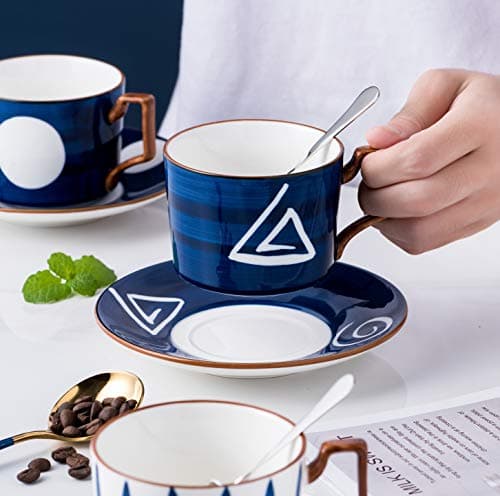 Jusalpha Japanese Style Hand Printed 7oz Fine China Tea/Coffee Cup Set with Spoon and Tray, Serve of 4
