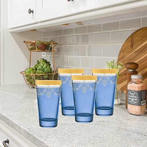 Lorren Home Trends Highball Set of 6 Blue with Gold Band