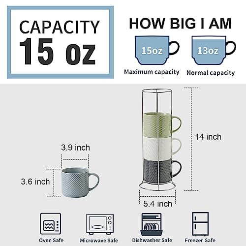 Hasense Stackable Porcelain Coffee Mugs Set of 4 with Metal Stand, 15 Ounce