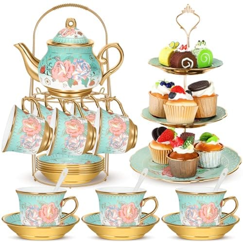 21pcs Green Porcelain Teapot Set Cupcake Stand Ceramic Tea Cups Saucers for Women Tea Parties Gifts