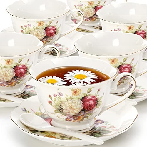 Foraineam 6-Piece Floral Tea Cup Set with Gold Trim