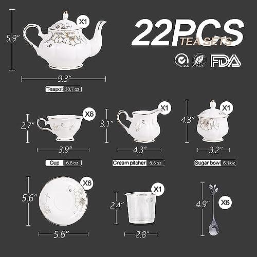 Chenp.HMC 22-Piece Porcelain Coffee Tea Set with Teapot, Cups & Saucers (WHITE3)