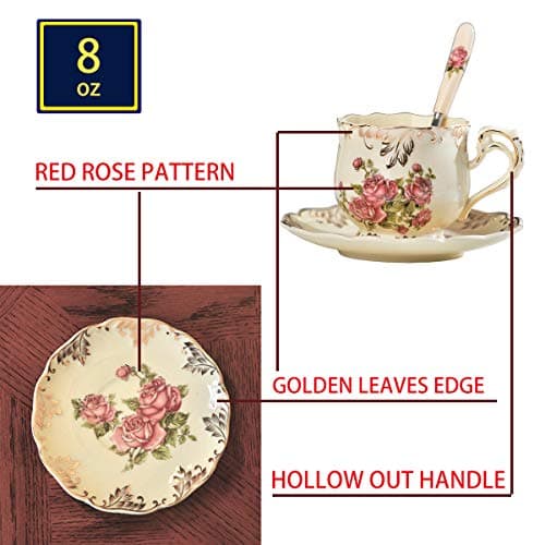 YOLIFE Ivory Pink Rose Vintage Floral Porcelain Tea & Coffee Set of 6