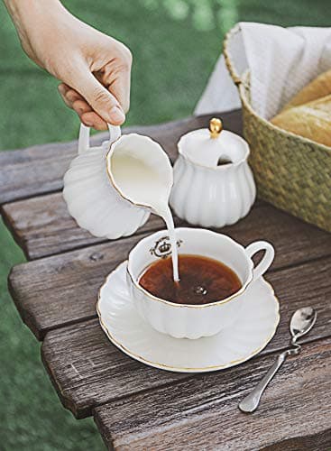 Amazingware Royal Porcelain Tea Cups & Saucers, Gold Trim, Gift Box, Set of 6 (8 oz) - White