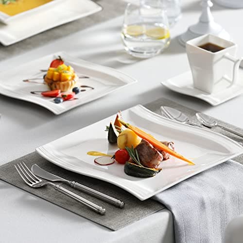 Modern Square Dinnerware Set for 6, 30-Piece Porcelain, Ivory White, Series Flora