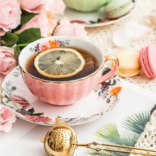 ONEUSTAR 8 Oz Bone China Tea Cup and Saucer Set for Mom Birthday Party Gifts