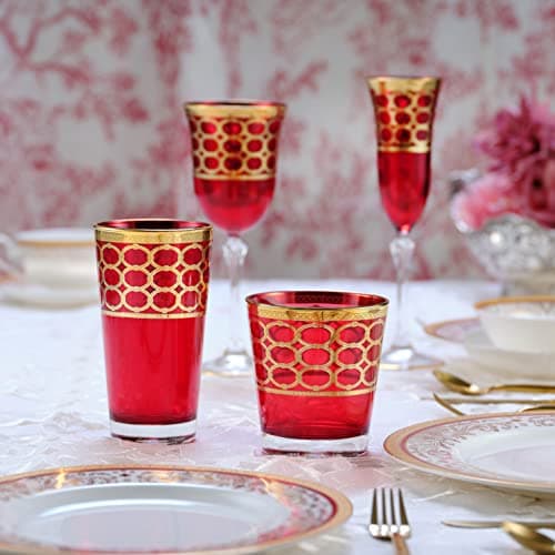 Lorren Home Trends Deep Red High Ball Glasses with Gold Rings, Set of 4