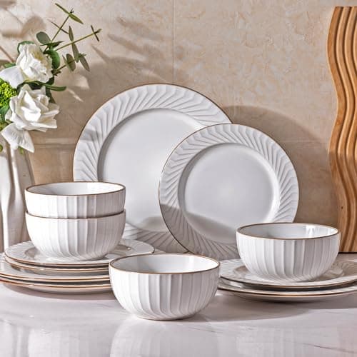 GBHOME Elegant Stoneware Dinnerware Set, 12-Piece Embossed Plates & Bowls | Safe for Dishwasher & Microwave | Ideal Hous — Pearl White-Spiral