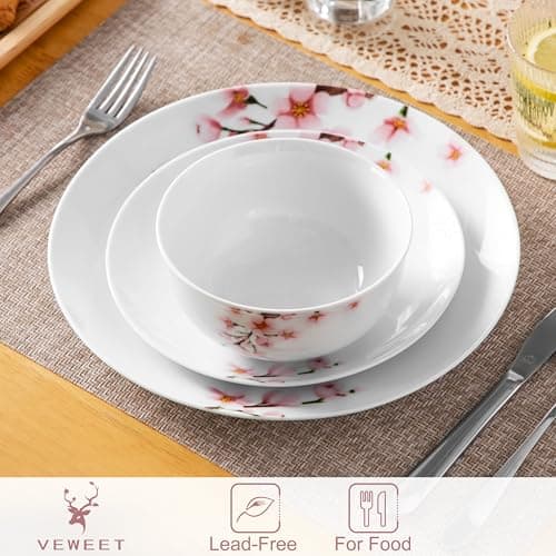 VEWEET Pink Floral Porcelain Dinnerware Set for 4, 12 Pieces Annabelle Series