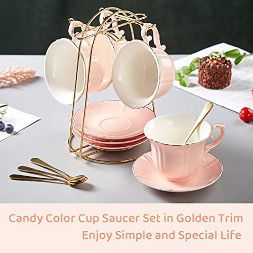 DUJUST Pink Tea Cup Set with Saucers (Set of 4) - 8 oz Porcelain with Gold Trim and Metal Stand