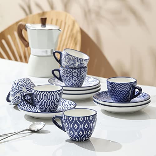 Selamica Ceramic 2 oz Espresso Cups, Vintage Blue Saucers, Porcelain Latte Set of 6