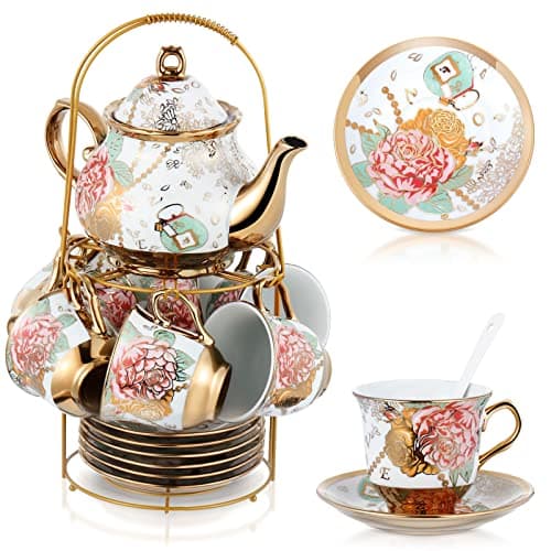 20 Piece Porcelain Tea Set with Metal Holder for Women with Flower Painting, Large Version