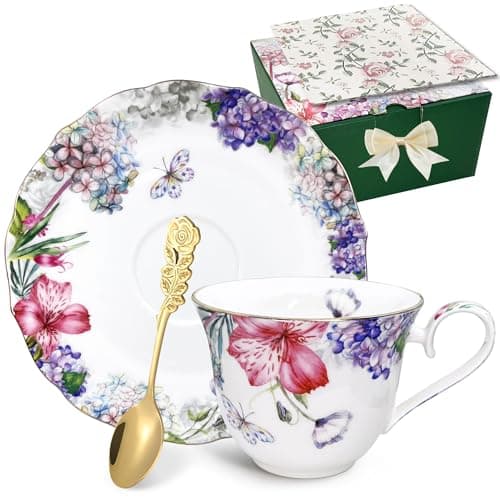 Bourbon Rose Floral Bone China Tea Cup Set with Gold Trim (7.5 OZ) — Red Lily