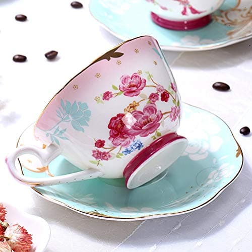 Vintage Red Flower Bone China Teacup and Saucer Set 7-OZ