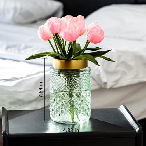 2-Pack Green Fluted Glass Vase with Golden Top, Stylish Decor for Home Centerpieces
