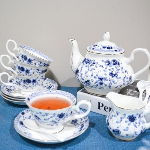 Vintage Bone China Tea Set, 21-Piece Porcelain Set for Adults (Blue)