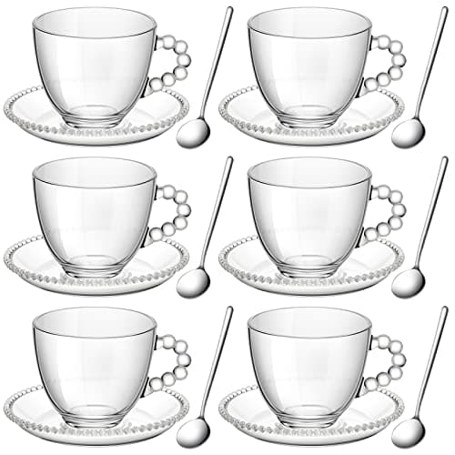 Irene Set of 6 Clear Glass Coffee Mugs with Saucers and Stainless Steel Spoons
