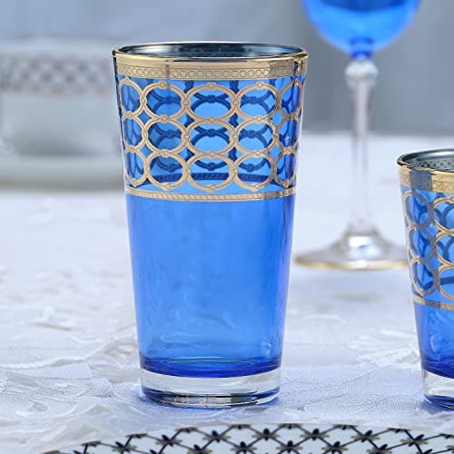 Lorren Home Trends Cobalt Blue High Ball Glasses with Gold Rings, Set of 4