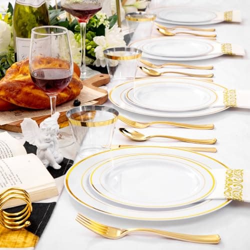 B UCLA 350PCS Gold Plastic Dinnerware Set for 50 Guests Party Supplies