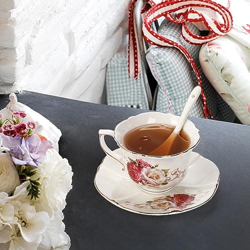 Foraineam 6-Piece Porcelain Tea Set, Ivory Rose Cups & Saucers, Gold Trimmed Latte & Espresso Mugs