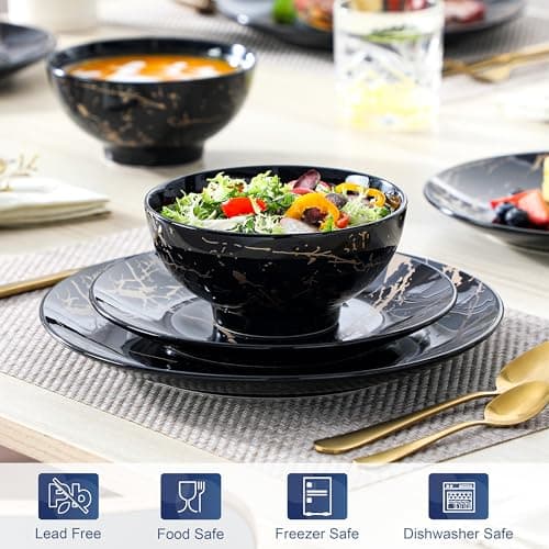 LOVECASA Black & Gold Porcelain Dinnerware Set, 12 Pieces, Dishwasher Safe