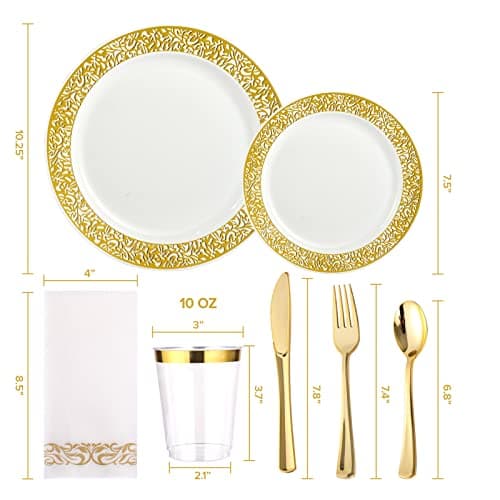 FOCUSLINE 175 Gold Dinnerware Set for 25 Guests: White Plastic Plates with Gold Lace Trim, Includes Dinner Plates, Dessert Plates, Silverware, Cups, and Napkins