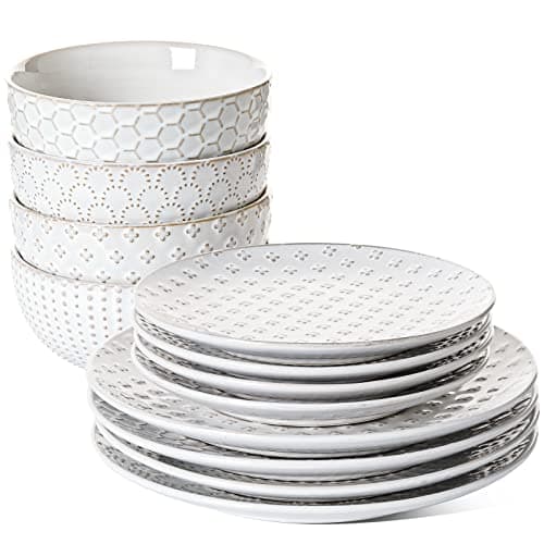 LE TAUCI Arctic White Dinnerware Set - 12 PCS Ceramic Plates & Bowls
