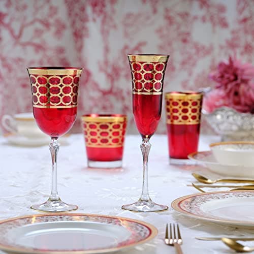 Lorren Home Deep Red White Wine Goblet with Gold Rings, Set of 4