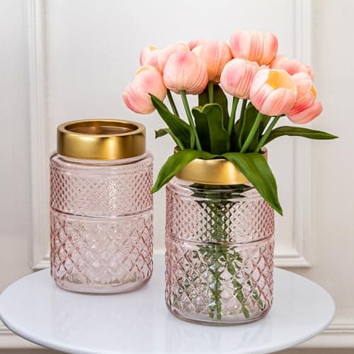 2-Pack Green Fluted Glass Vase with Golden Top, Stylish Decor for Home Centerpieces — Pink