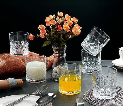 Lorren Home Trends Set of 6 Tall 11 Ounce Textured Cut Double Old Fashion Glasses