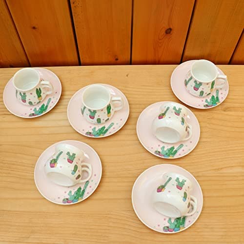 GuangYang Porcelain Espresso Cups & Saucers, 2.5 Ounce, Cactus Pattern, Set of 6