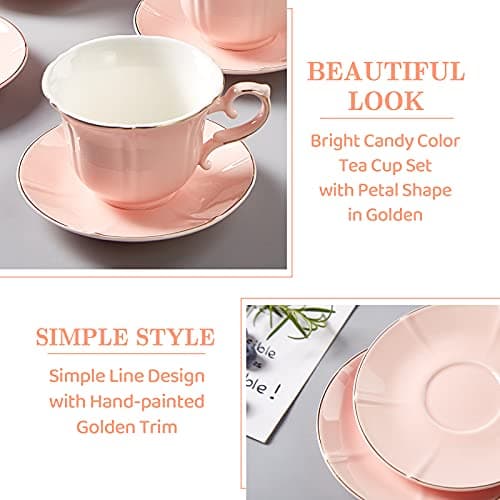DUJUST Pink Tea Cup Set with Saucers (Set of 4) - 8 oz Porcelain with Gold Trim and Metal Stand