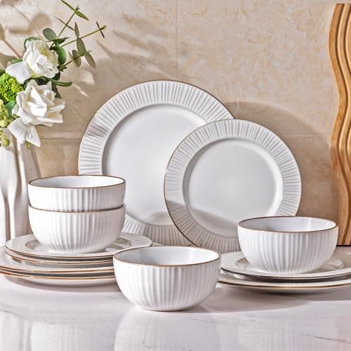 GBHOME Elegant Stoneware Dinnerware Set, 12-Piece Embossed Plates & Bowls | Safe for Dishwasher & Microwave | Ideal Hous — Pearl White-Ray
