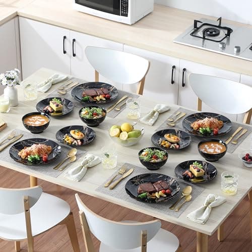 LOVECASA Black & Gold Porcelain Dinnerware Set, 12 Pieces, Dishwasher Safe