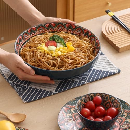 Colorful Bohemian Ceramic Pasta Bowl Set of 2, 10.2inch Serving Bowls