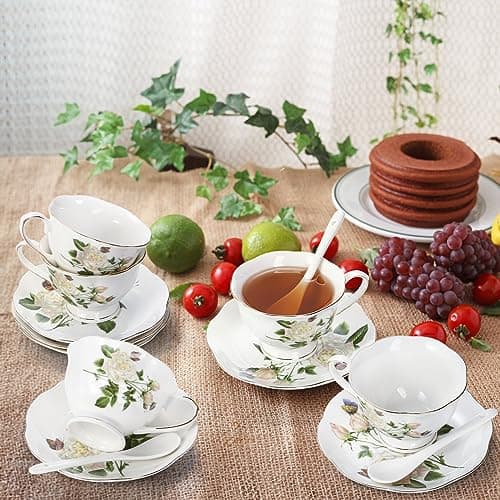 Foraineam Porcelain Ivory Tea Cup and Saucer Set, Gold Trim, 6 Pieces