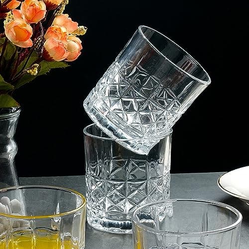 Lorren Home Trends Set of 6 Tall 11 Ounce Textured Cut Double Old Fashion Glasses