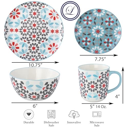 Lorren Home Trends 16-Piece Floral Blue Red Dinnerware Set
