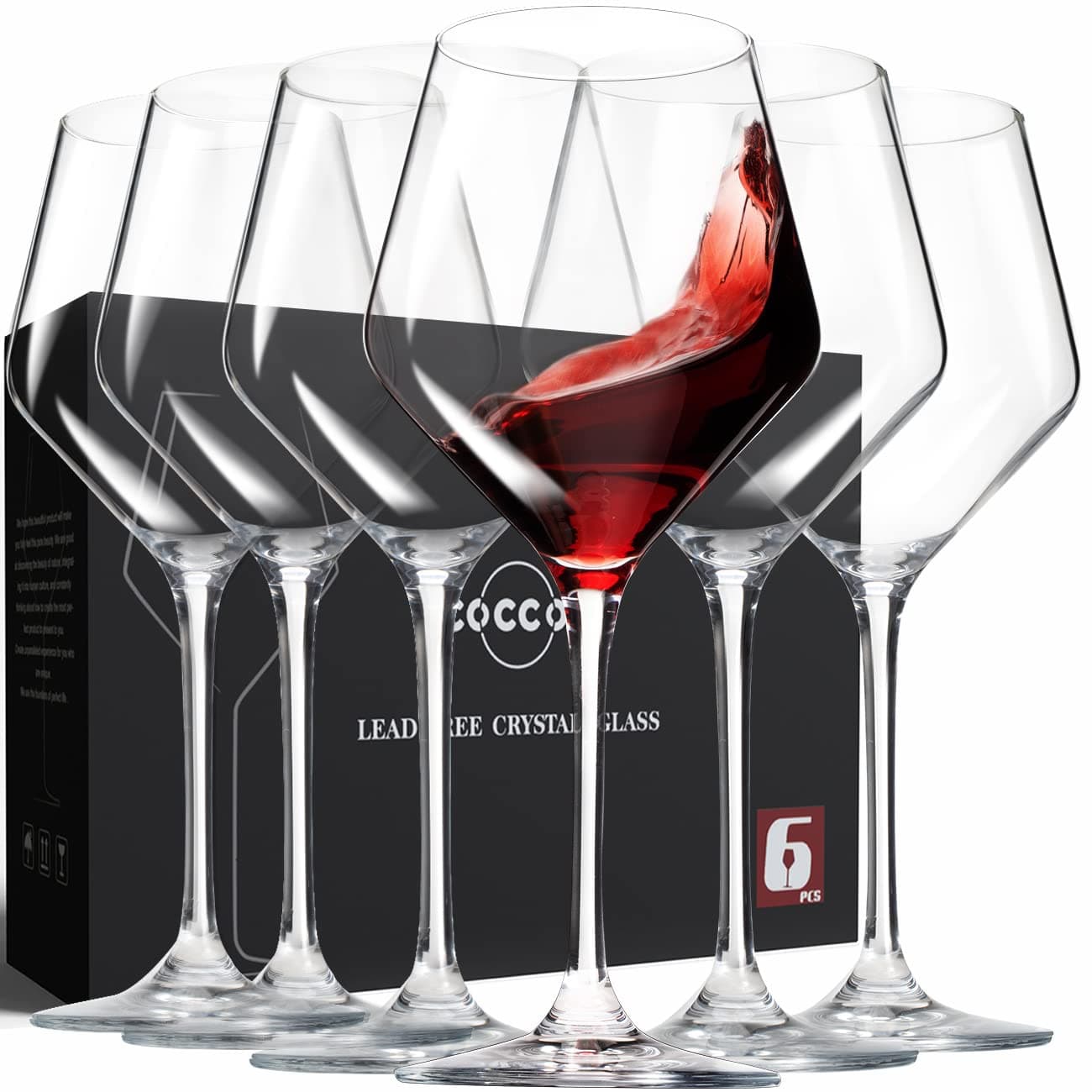 Lead-Free Premium Crystal White & Red Wine Glasses, Hand Blown Italian Style, 6 Pack(16oz)