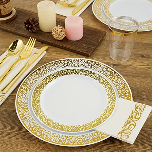 FOCUSLINE 175 Gold Dinnerware Set for 25 Guests: White Plastic Plates with Gold Lace Trim, Includes Dinner Plates, Dessert Plates, Silverware, Cups, and Napkins
