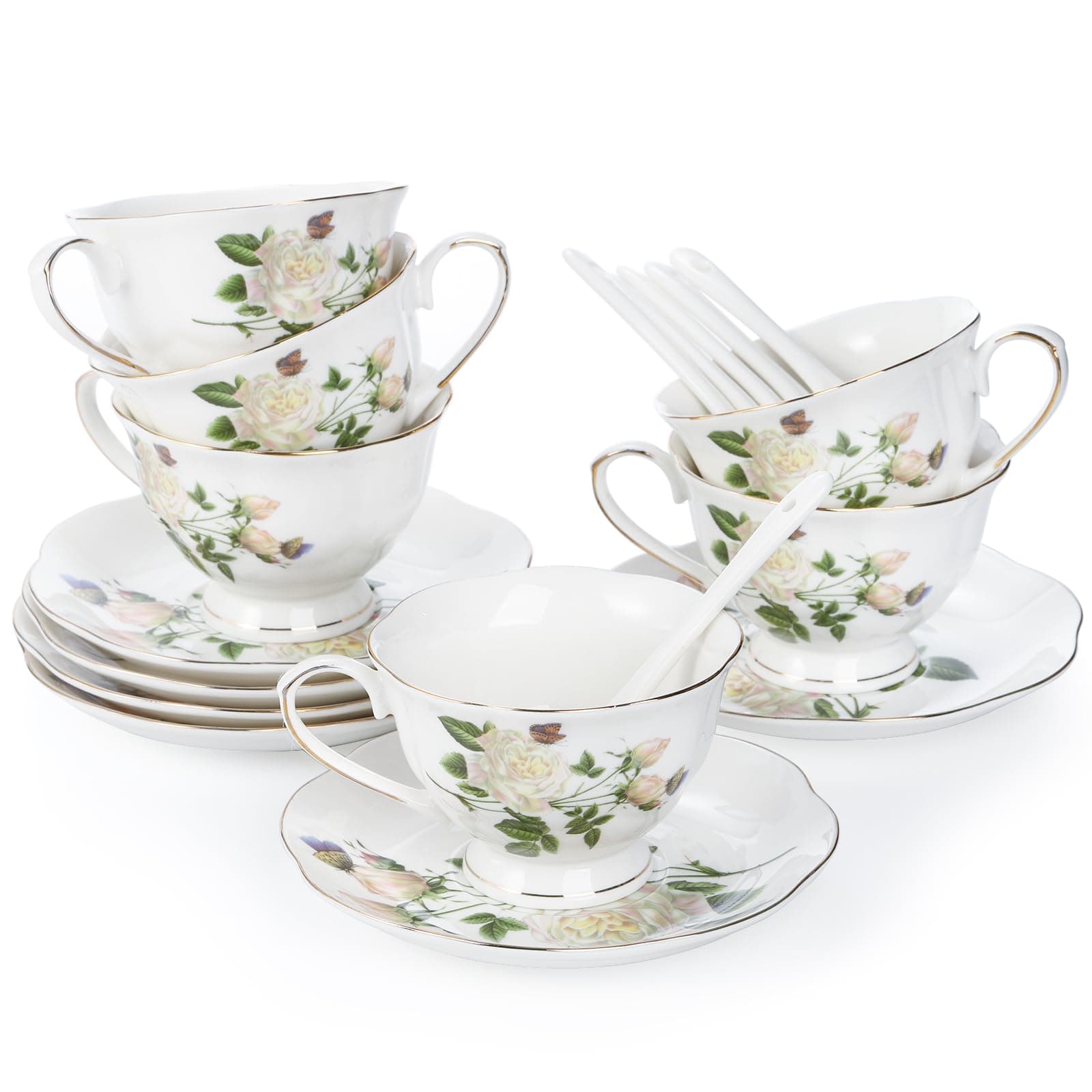 Foraineam Porcelain Ivory Tea Cup and Saucer Set, Gold Trim, 6 Pieces