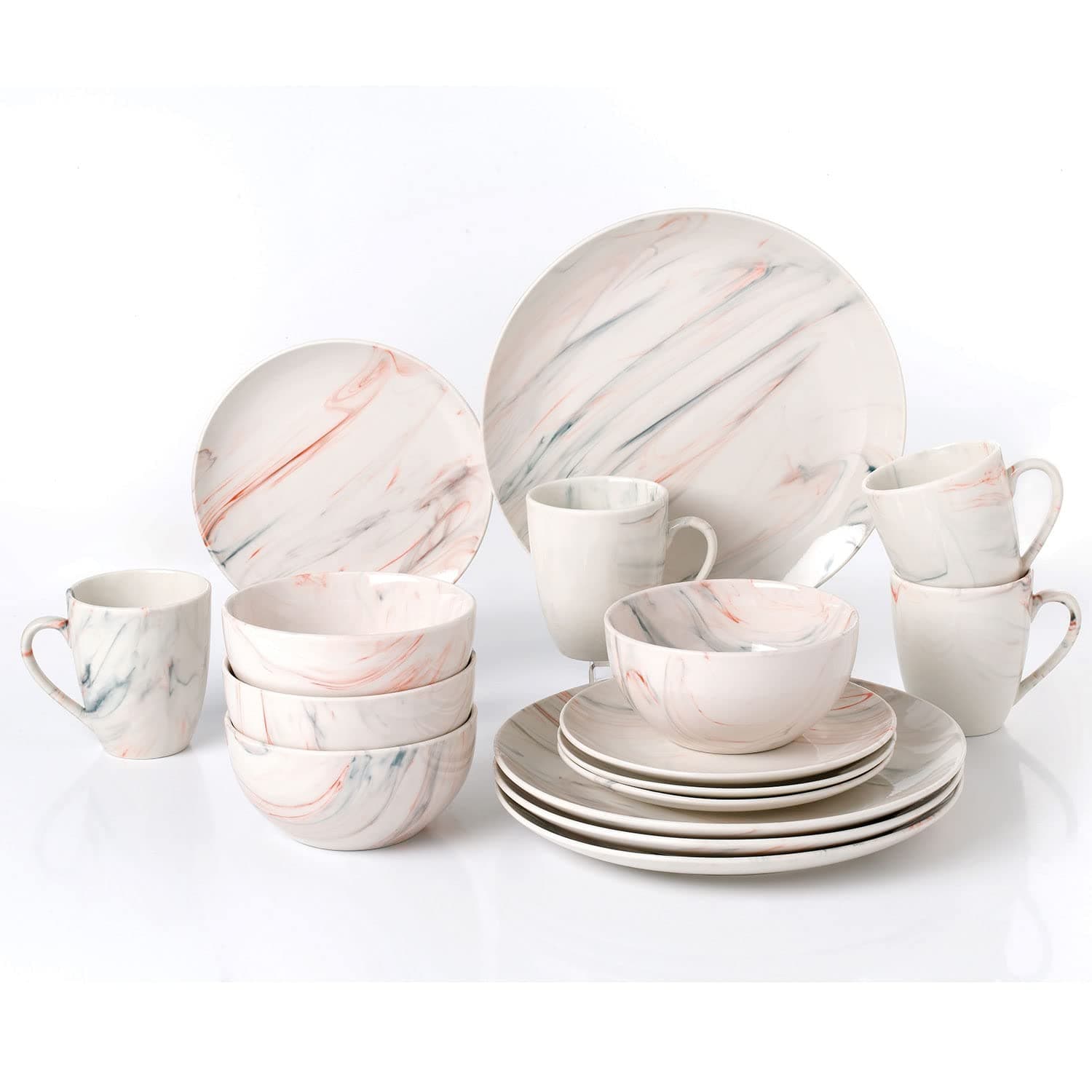Lorren Home Multi-Marble 16-Piece Porcelain Dinnerware Set for Parties