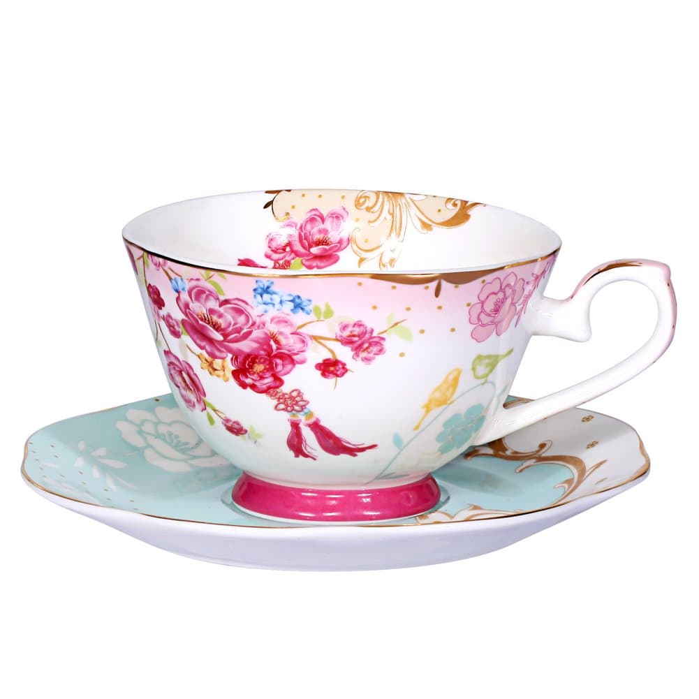 Vintage Red Flower Bone China Teacup and Saucer Set 7-OZ