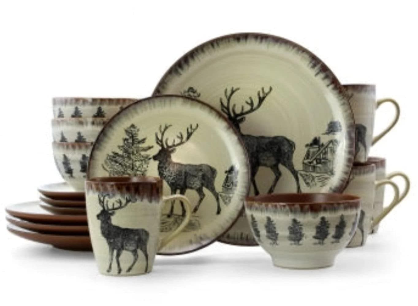 Elama Majestic Elk Round Stoneware Dinnerware Set Taupe