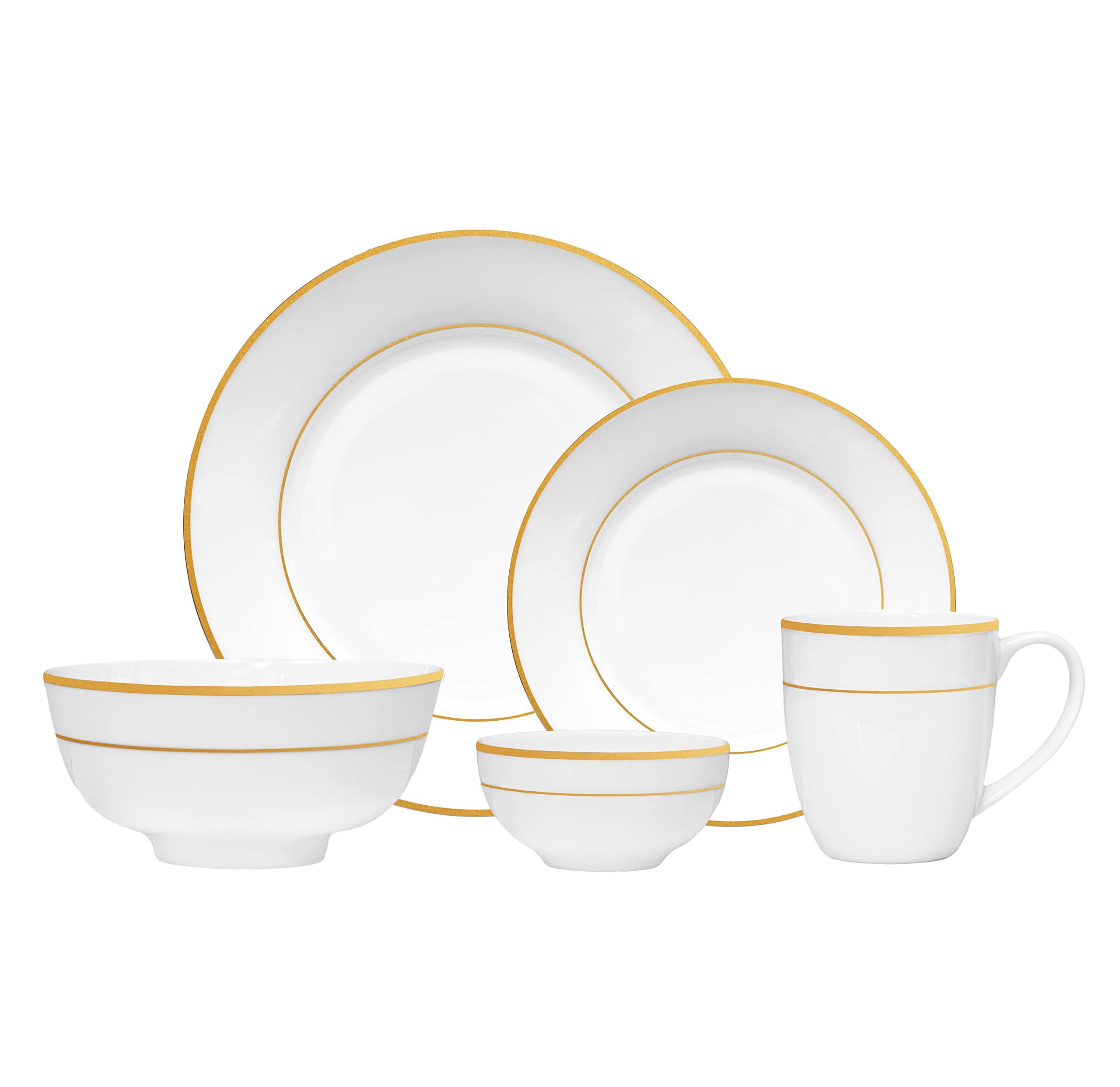 Bone China 20PC Dinner Set, Service for 4, Double Gold Rim, White, Microwave Safe