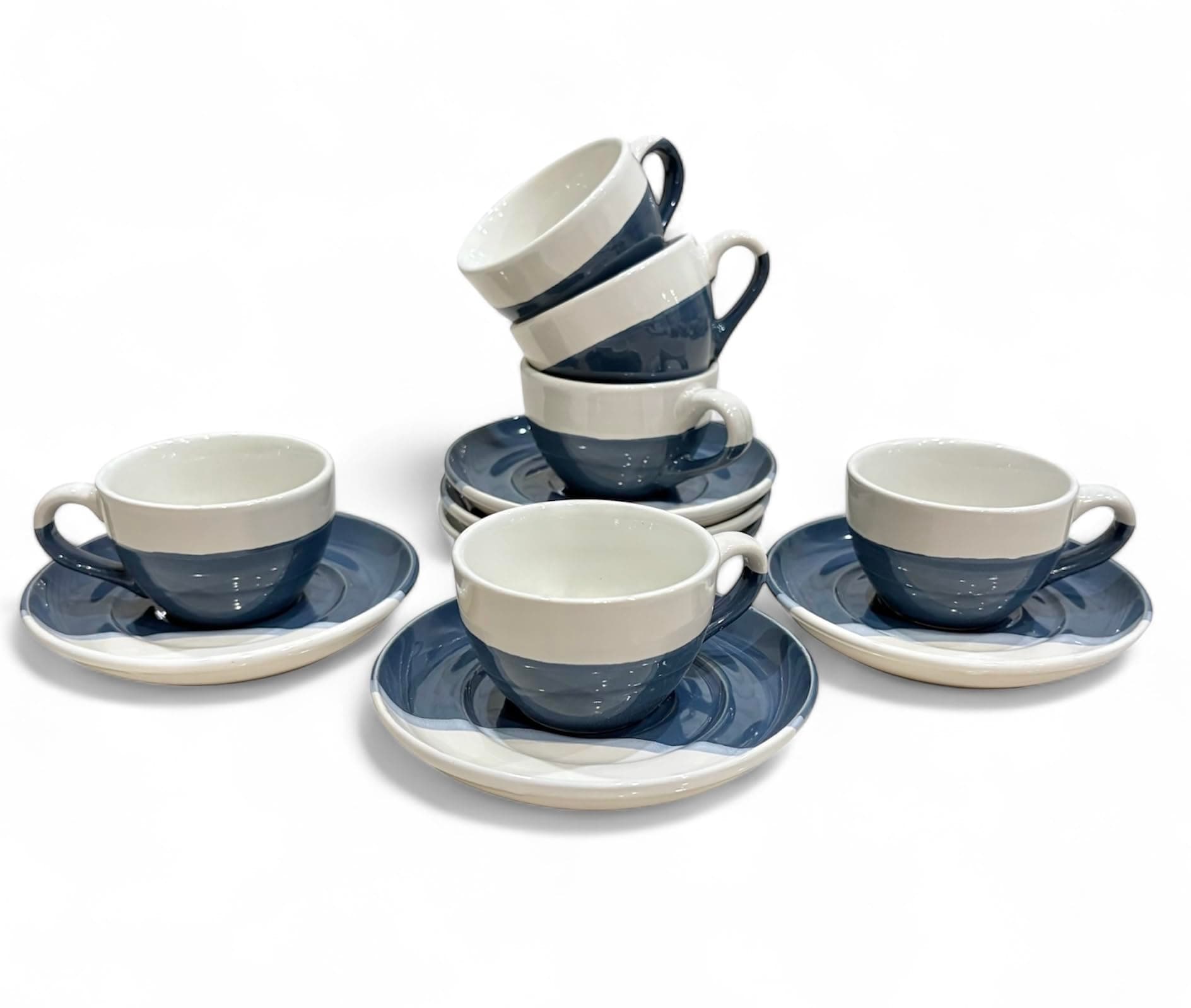 6-Piece Blue Ceramic Espresso Cup Set with Saucers, Microwave & Dishwasher Safe for Latte & Macchiato