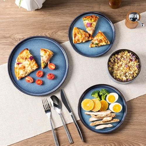 LERATIO Blue Ceramic Dinnerware Set for 4, Round Reactive Glaze Plates & Bowls, Chip & Crack Resistant, Dishwasher & Mic