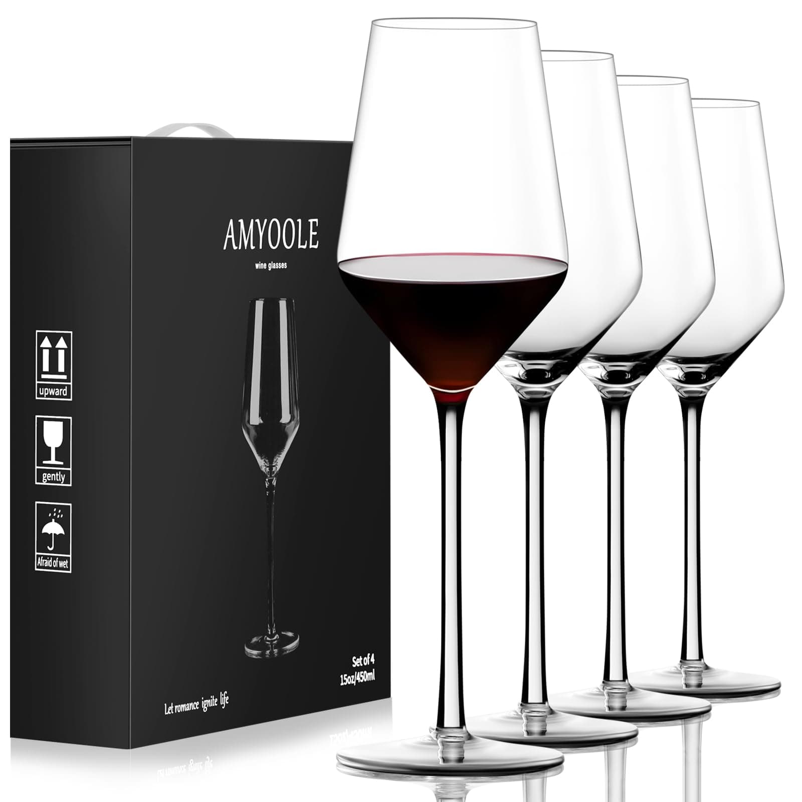 Lead-Free Hand-Blown Italian Crystal Red Wine Glasses Set of 4, 15 oz, Elegant Gift