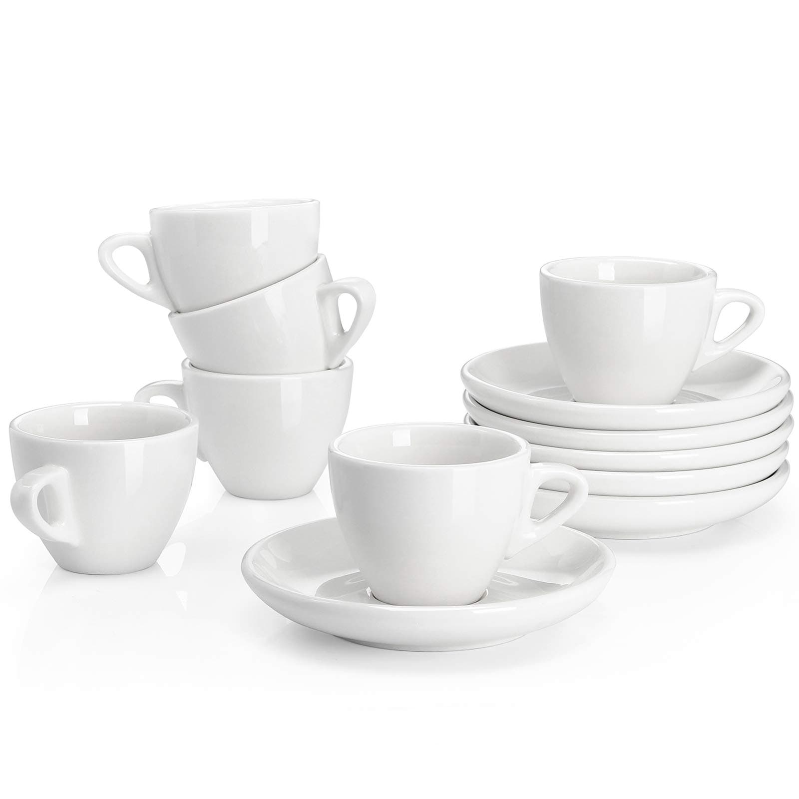 Sweese White Porcelain Espresso Cups with Saucers - Set of 6